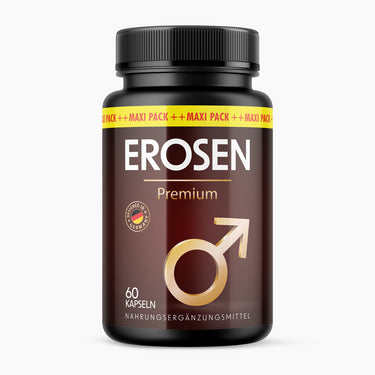 Dose mit gelber Aufschrift Erosen Premium auf braunem Etikett mit 60 Kapseln und Pfeilsymbol